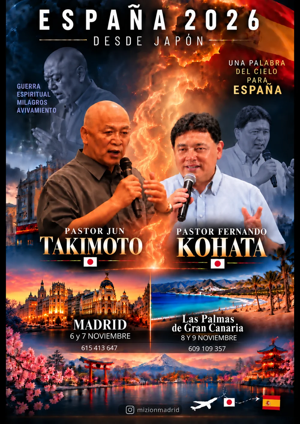 Cartel de España 2026 desde Japón con los pastores Jun Takimoto y Fernando Kohata